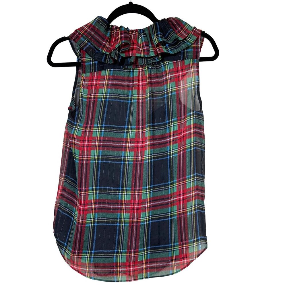 J Crew Stewart Tartan Plaid Top Ruffle‎ Collar Sleeveless Womens 00 - Picture 3 of 13